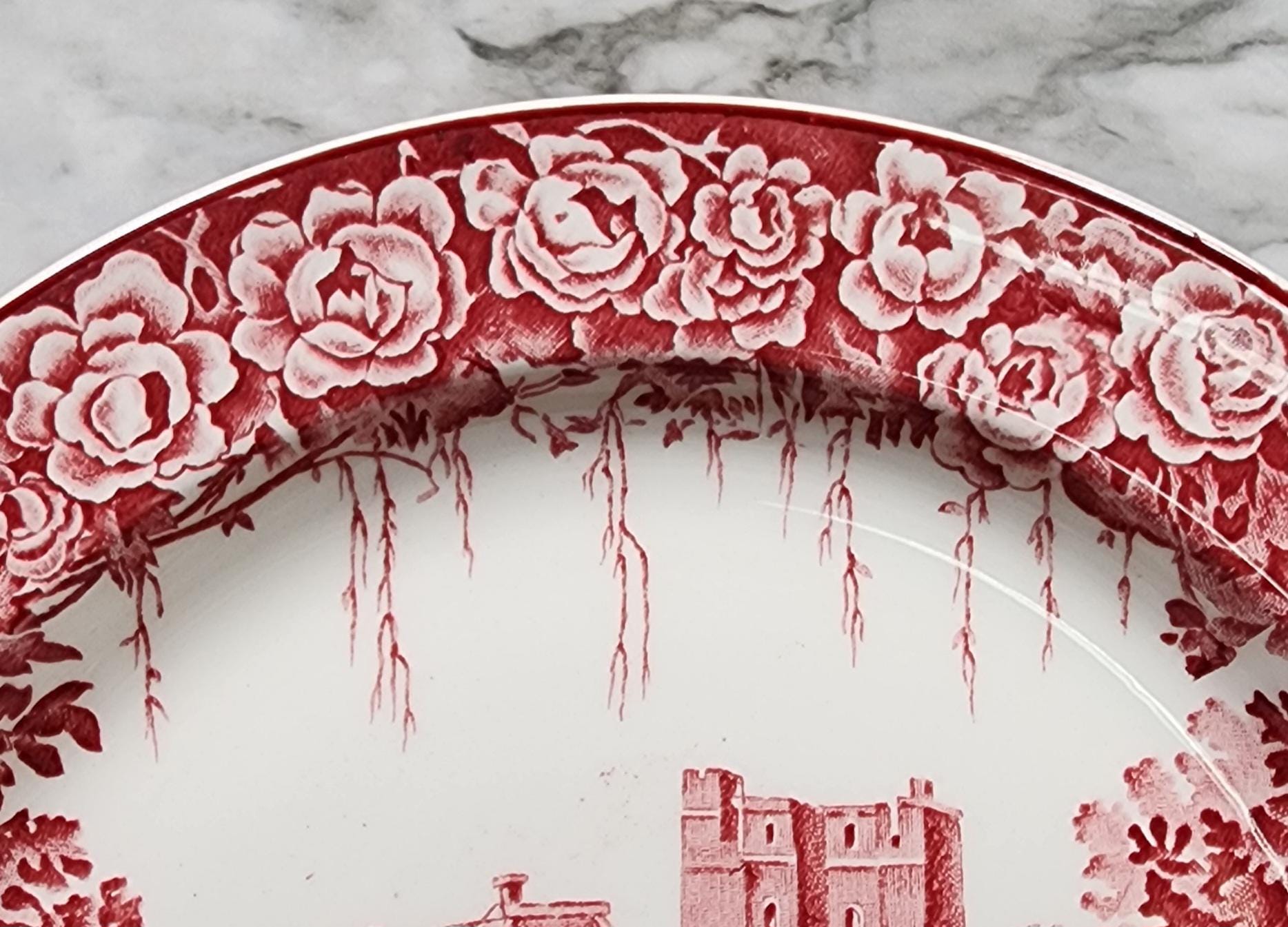 1920s Enoch Woods Castles Stokesay Dinner Plate: Red Floral