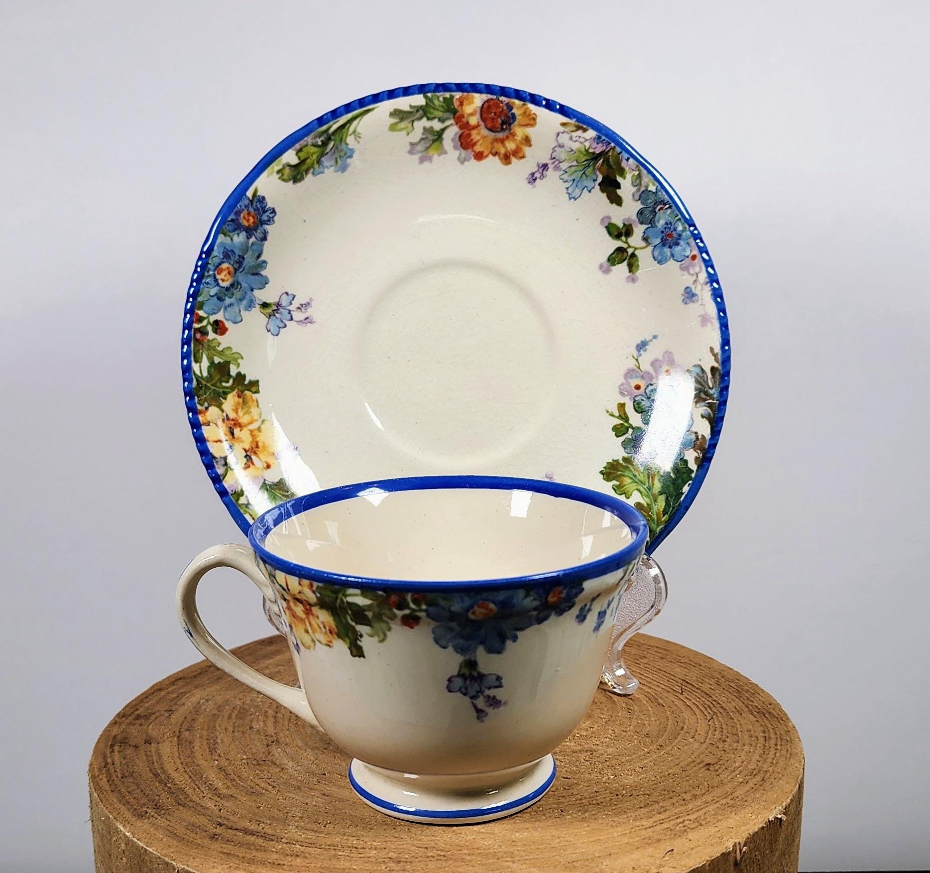 Mercer Pottery Co, 1920s Cobalt Blue Rimmed Floral Vintage China