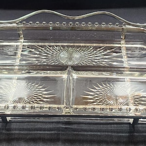 Vintage Imperial Glass Candlewick Divided Dish 3 Sectioned Serving Dish Rectangle Metal Carrying Tray