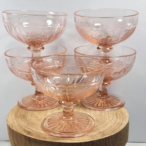 Set of 5 Anchor Hocking Vintage Mayfair Open Rose Pink Depression Glass Embossed Sherbert Cups, Dessert Cups