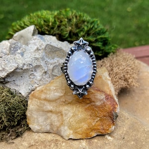 Oval Rainbow Moonstone Ring with Stars