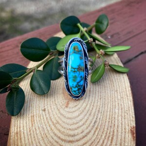 Long Oval Shaped Red Web Kingman Turquoise Statement Ring