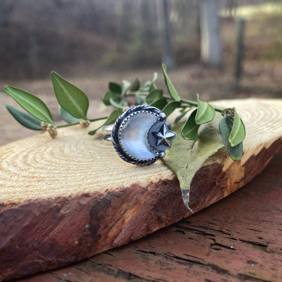 Crescent Moon Shaped Crystal Quartz and Mother of Pearl With Star Solitaire Ring