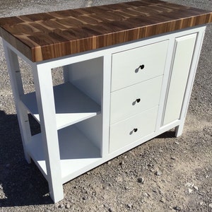 Farmhouse Kitchen Island 22x48 with Walnut End Grain Butcher Block Countertop - Three Drawers and Tilt Out Trash