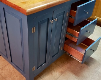 Farmhouse Island 30x40 with wood butcher block  countertop and drawers galore, cabinet pantry, prep station,  drawers in islands