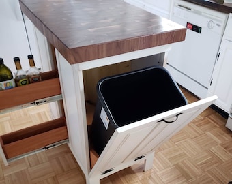 Farmhouse Kitchen Island- 22x36 Black Walnut End Grain Butcher Block w/2 Tilt Out Trash and slide out cabinet for cooking oils or wine