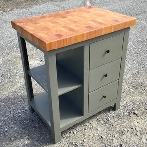 Farmhouse Kitchen Island- 22x36 mahogany end grain butcher block countertop with three drawers and open shelves