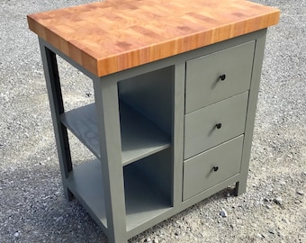 Farmhouse Kitchen Island- 22x36 mahogany end grain butcher block countertop with three drawers and open shelves