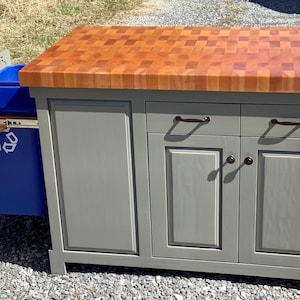 Farmhouse Kitchen Island 30x48 Mahogany End Grain Butcher Block Countertop with double slide out trash and recycle