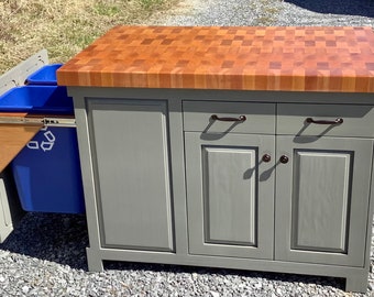 Farmhouse Kitchen Island 30x48 Mahogany End Grain Butcher Block Countertop with double slide out trash and recycle