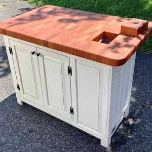 Farmhouse Kitchen Island 32x44 Completely enclosed with Mahogany End Grain Butcher Block Countertop w/Bar Seating and tilt out trash can