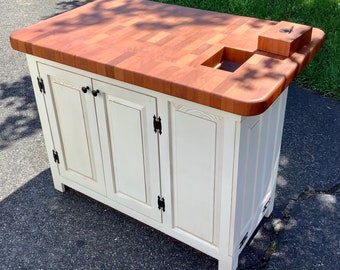 Farmhouse Kitchen Island 32x44 completely enclosed with mahogany end grain butcher block countertop w/bar seating and tilt out trash can