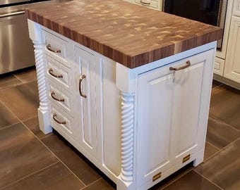 Traditional But Twisted - kitchen  island with mahogany end grain butcher block and drawers and trash. 24x48x36H