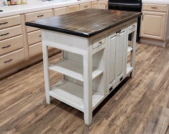 Farmhouse Kitchen Island--Distressed Mahogany Butcher Block Countertop 36x50 w/bar overhang for seating and tilt out trash