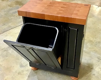 Mini Farmhouse Kitchen Island End Grain Butcher Block with tilt out trash can and bun feet