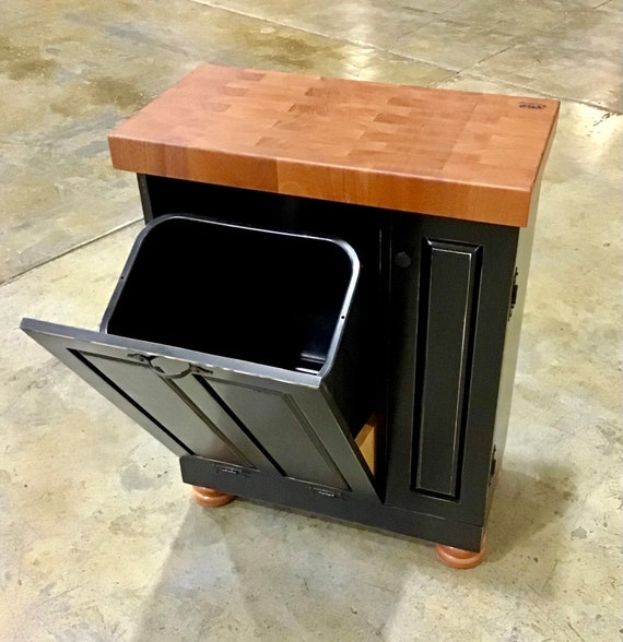 Mini Farmhouse Kitchen Island End Grain Butcher Block with tilt out trash can and bun feet