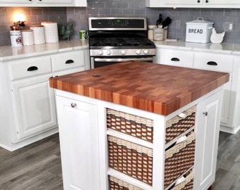 Farmhouse Kitchen Island- Mahogany End Grain Butcher Block Countertop 34x34 Kitchen Island with baskets and slide out trash can