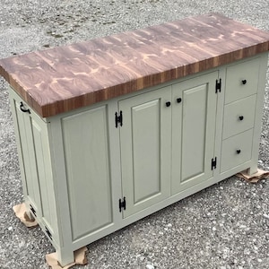 Farmhouse Kitchen Island 22x54 Black Walnut End Grain Butcher Block Countertop Enclosed w/Double Doors, Trash, and Drawers