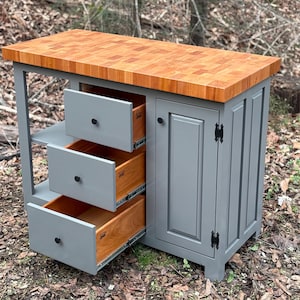 Farmhouse Kitchen Island 22x48 solid wood end grain butcher block countertop with drawers and tilt out trash, pull out trash, prep station