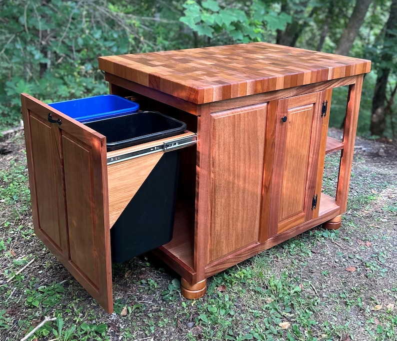 30x44 Mahogany Kitchen Island With Trash and Recycle Pull Out and Mahogany End Grain Butcher ...