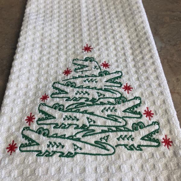 Green Alligator Christmas Tree, Embroidered, Kitchen towel