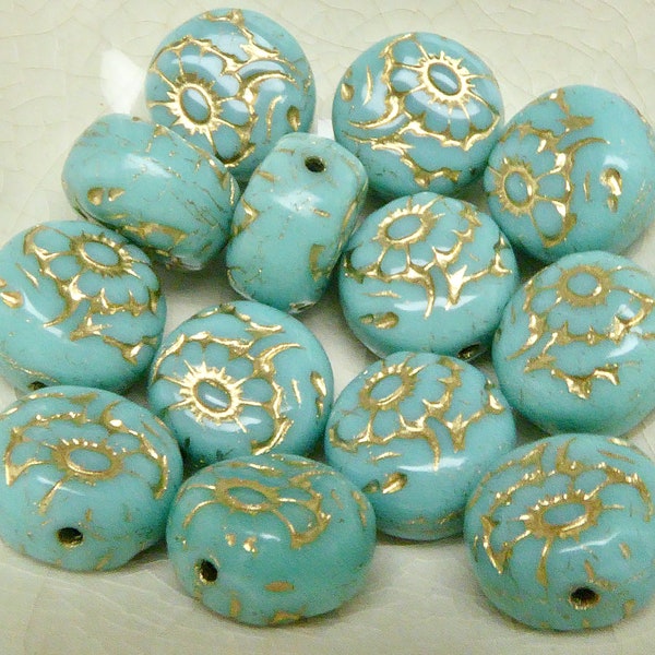 6 Turquoise Blue Czech Puffy Beads