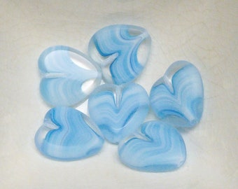 6 Blue Givre Heart Shaped Glass Beads