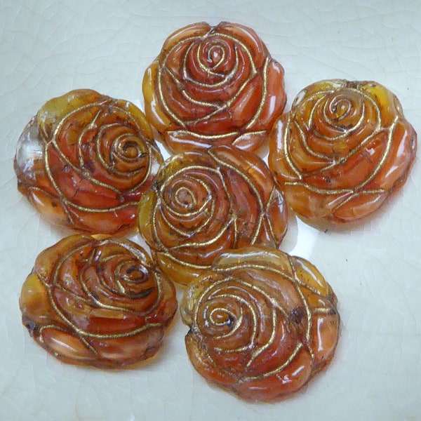 6 Amber Orange Rose Glass Beads