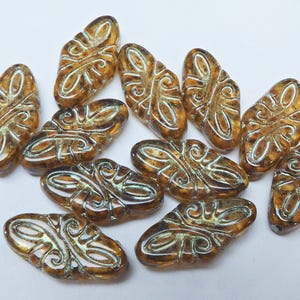 10 Arabesque Amber Travertine Czech Glass Beads