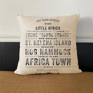 May include: A white cushion with black text that reads "HIST. BLACK DISTRICTS BO&O LITTLE AFRICA 1700s TREME "CONGO SQUARE" NEW ORLEANS ST. HELENA ISLAND BEAUFORT HOG HAMMOCK SAPELO ISLAND AFRICA TOWN MOBILE".