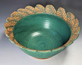 Bowl Carved Rim Feathers Turquoise Wedding Present Centerpiece  Everyday or All Occasion Dishwasher & Microwave Safe