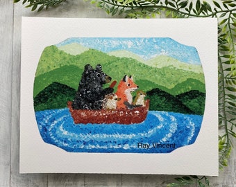 Woodland Animal River Adventure Art Print: Forest Friends Nursery Decor