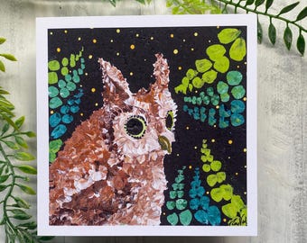 Whimsical Owl Art Print: Vibrant Night Magic