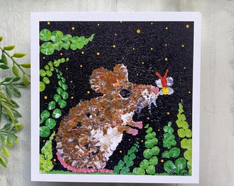 Whimsical Mouse Art Print: Firefly Night, Calming Starry Sky