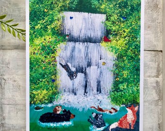 Woodland Animals Waterfall Art Print: Forest Nursery Decor