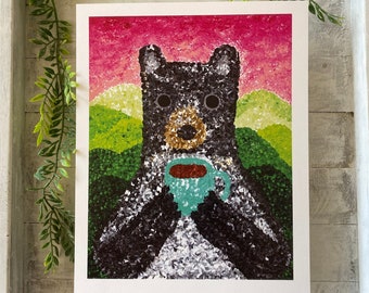 Bear with Coffee Art Print: Whimsical Animal Illustration