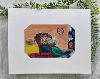 Cozy Groundhog Art Print: Woodland Animal Illustration (8x10)
