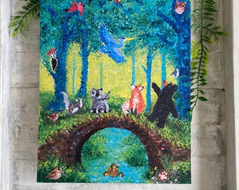 Woodland Creatures Art Print: Forest Animals, Bird Watching Scene, Whimsical Nature Art