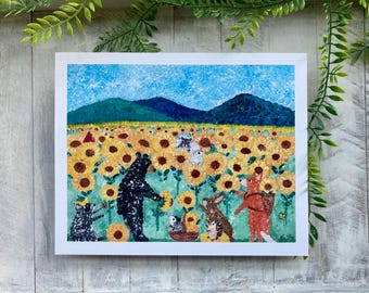 The Golden Field: Sunflower Field Art Print Whimsical Woodland Critters