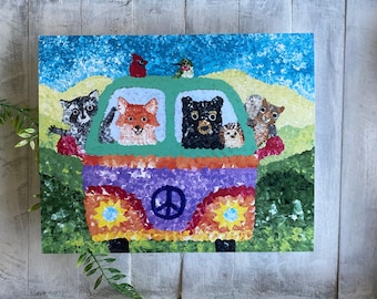 Woodland Animals Volkswagen Bus Art Print: Forest Friends Nursery Decor