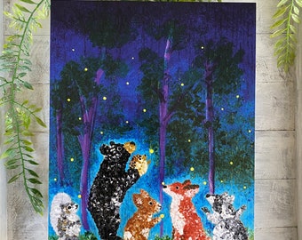 Woodland Animals & Firefly Art Print: Forest Friends Nursery Decor