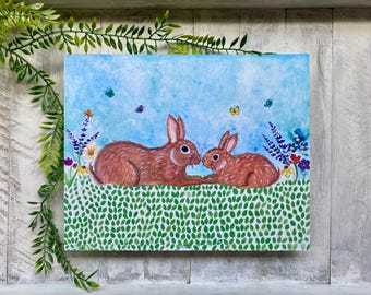Watercolor Rabbit Art Print: Mama & Baby Bunny Woodland Scene