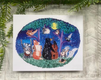 Bluegrass Band Woodland Animals Art Print: Forest Friends Music Jam