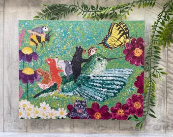 Spring Flowers Hummingbird Woodland Critters Whimsical Art
