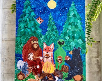 Woodland Animals Campire Art Print: Forest Friends Bigfoot and Alien Art. Cryptid Art. Marshmallows and Mysteries