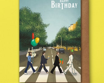 Carte d'anniversaire des Beatles - Illustration inspirée des Beatles pour fan de musique des années 1960, oeuvre numérique « Happy Birthday » Abbey Road