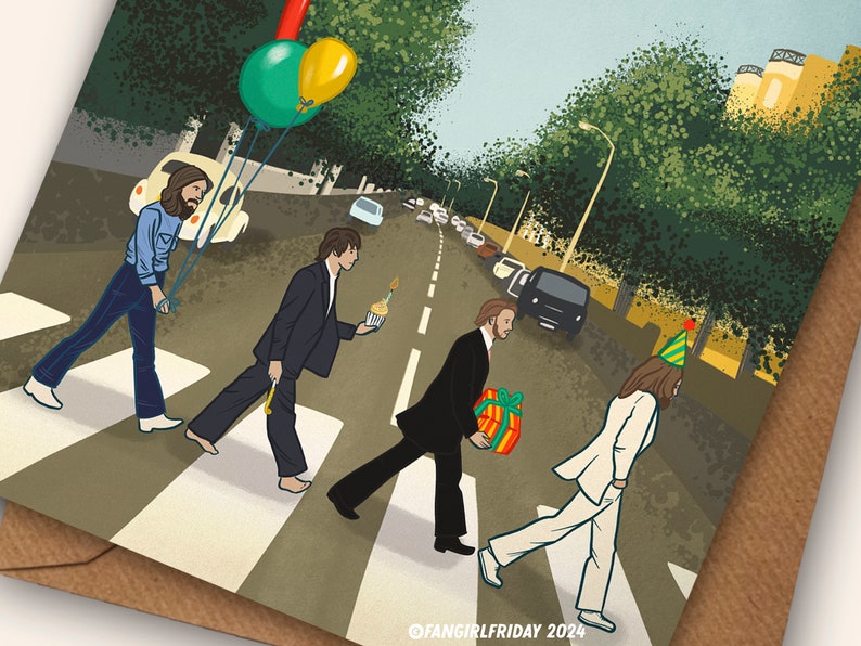 Carte d'anniversaire des Beatles • Illustration inspirée des Beatles Abbey Road « Happy Birthday » • Musique des années 1960 image 2