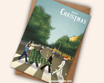 Beatles Christmas Card - The Beatles geïnspireerde illustratie voor muziekfan uit de jaren 60, "Merry Christmas" Abbey Road platenhoes, digitaal artwork