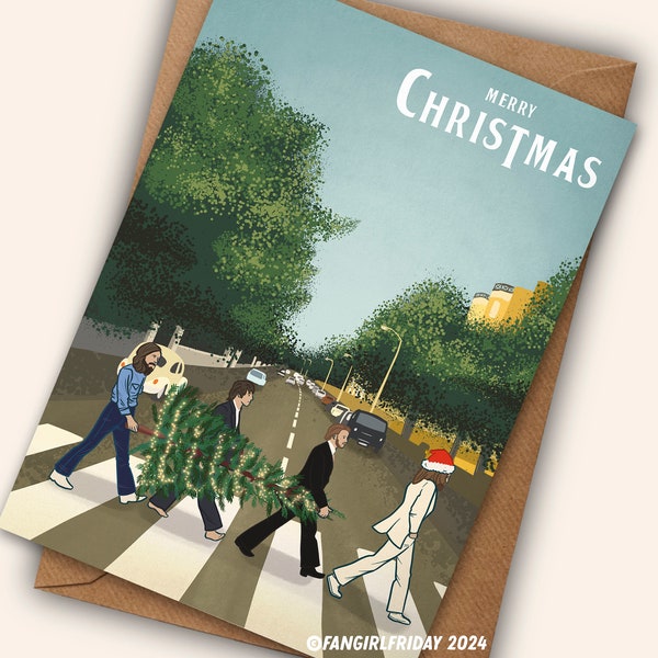 Beatles-Weihnachtskarte - Von den Beatles inspirierte Illustration für Musikfan der 1960er Jahre, “Merry Christmas” Labelby, Plattencover, digitales Kunstwerk