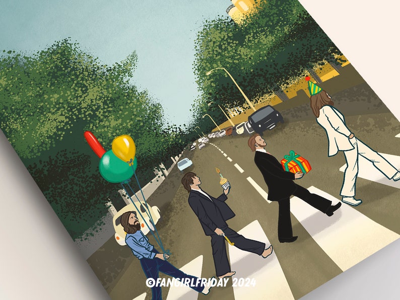 Carte d'anniversaire des Beatles • Illustration inspirée des Beatles Abbey Road « Happy Birthday » • Musique des années 1960 image 10